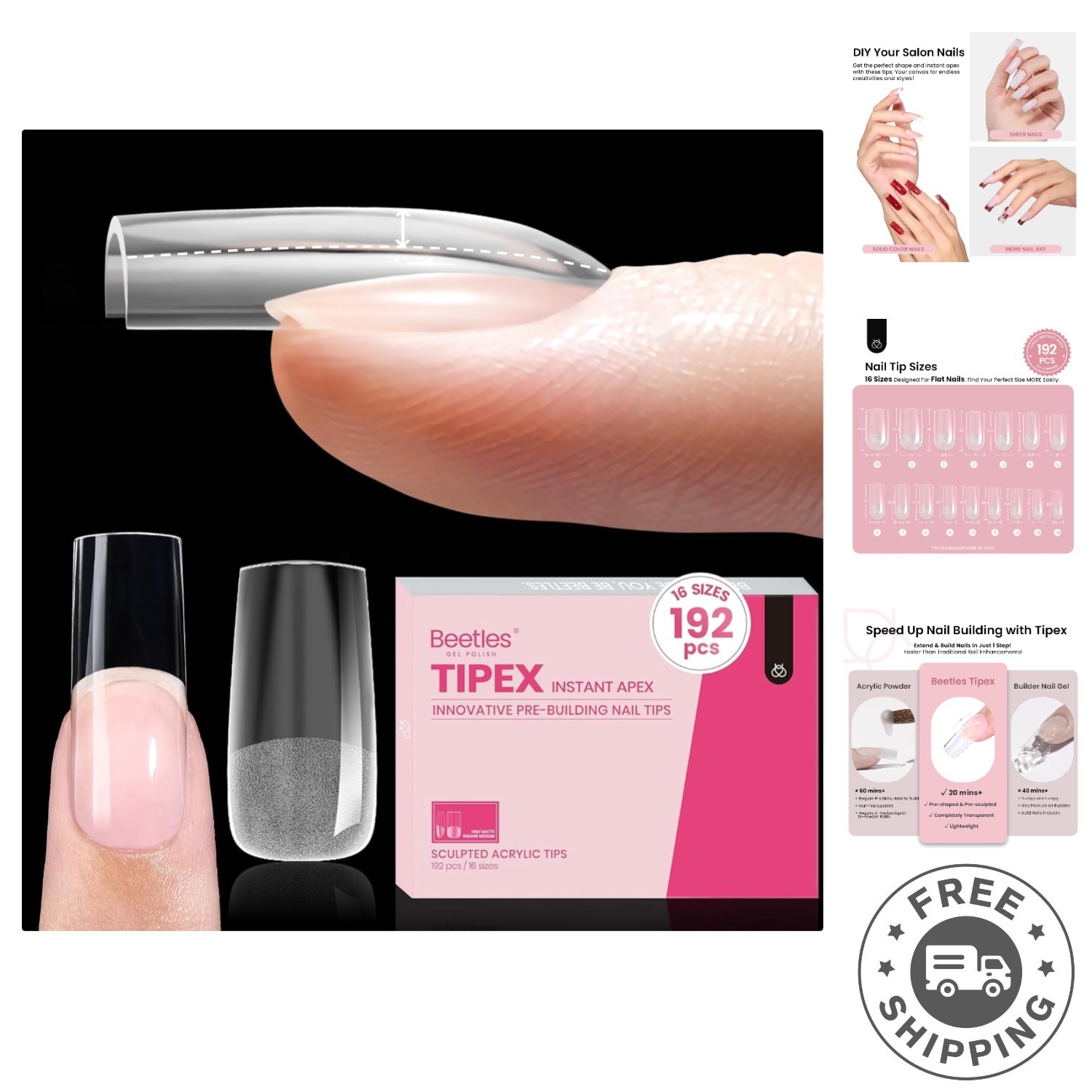Salon-Quality 192 Pcs Thick Acrylic Tips – Tipex Medium Square with Matte Finish