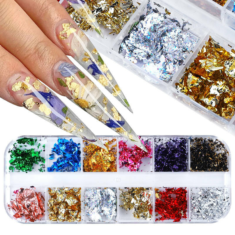 12 Grids Nail Art Gold Silver Foils Paillette Chip Flakes Wraps Decor Nails Tips