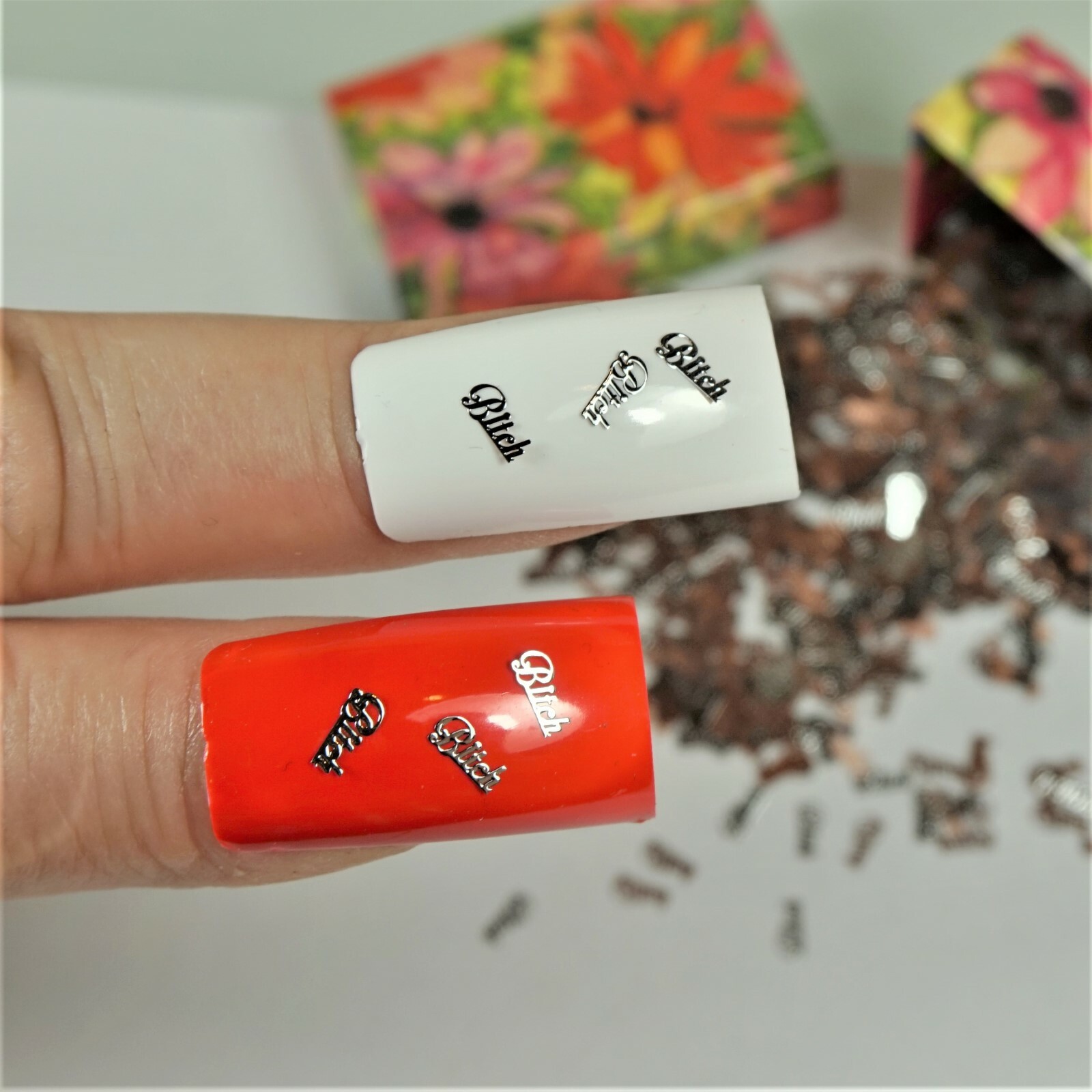 25 BITCH SILVER METAL CHARMS 3D NAIL ART SMALL GIFT IN BOX FOR WOMEN