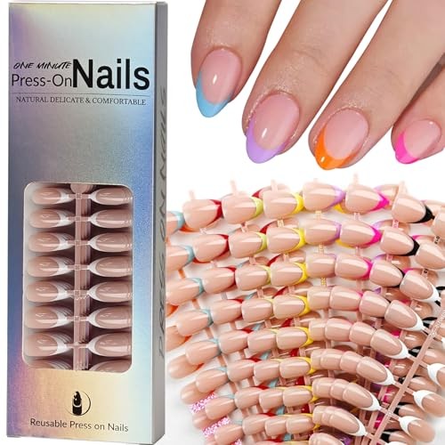 216 Pcs French Tip Press on Nails Meidum Medium Almond 9 Color French Tips