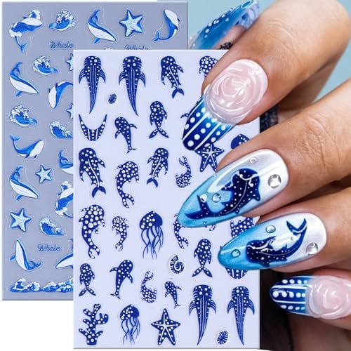 Summer Ocean Life Nail Art Sticker Decal 2Pcs 5D French Blue Polka Dot Fish