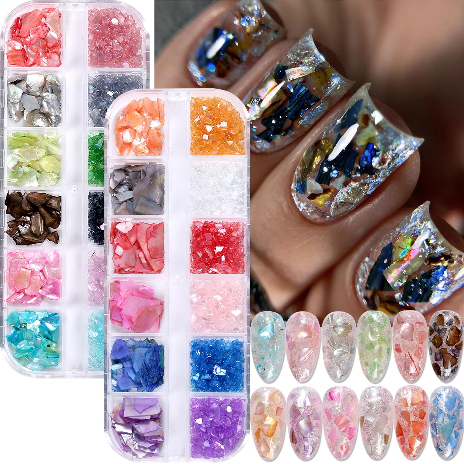 Shell Nail Glitter Flakes Set Summer Beach Ocean Holographic Iridescent Shell…