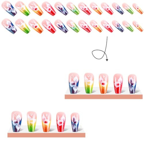 Coffin Press on Nails Medium Long Colorful Neon Fake Nails with Glitter Gold
