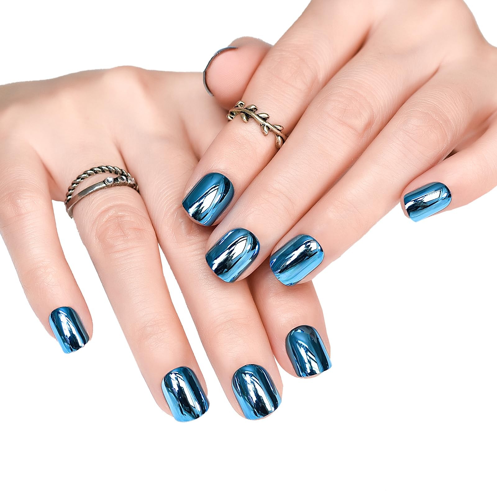 Press on Nails Metallic Mirror Bliue Fake Nail |UV Medium-short Square False …
