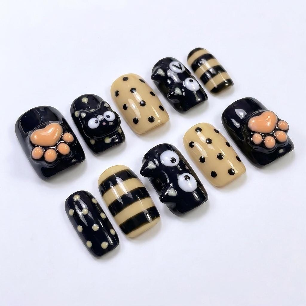 Handmade Custom 3D Black Cat Paw Polka Dot Stripe Square Press on Nails