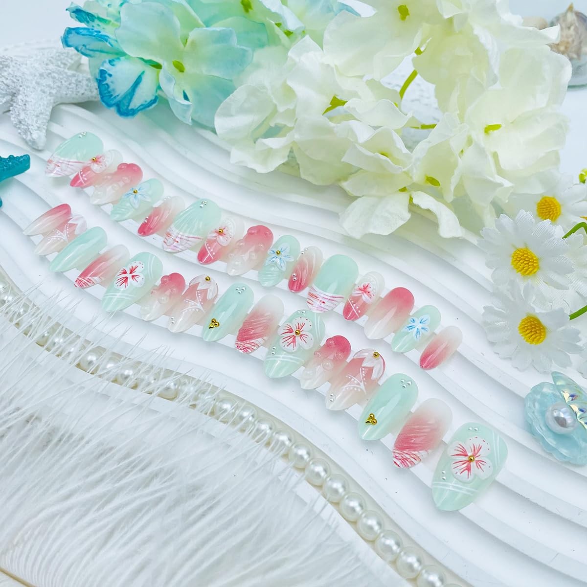30Pcs Summer Press On Nails Medium Almond Fake Nails with 3D Flower and Gold …