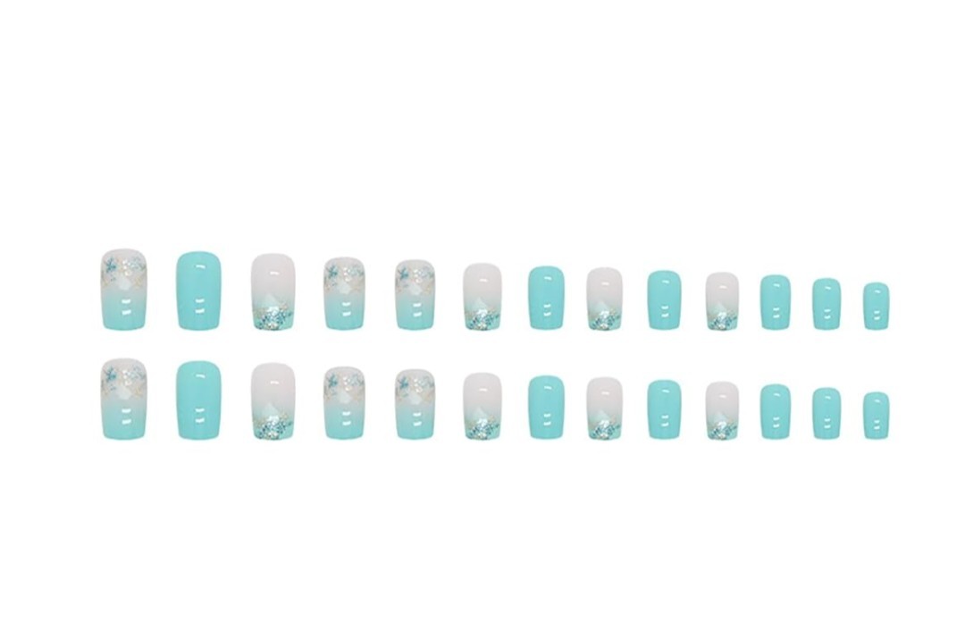 Summer Gradient Lake Blue Full Cover False Nails – 24 Pcs Glossy Stick…60% OFF