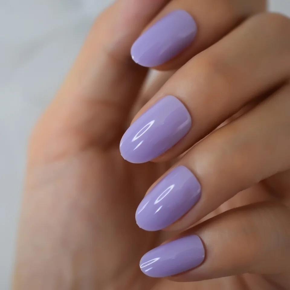 24 Short Oval Press on nails kit w Glue Light Purple Pastel Lavender Kawaii