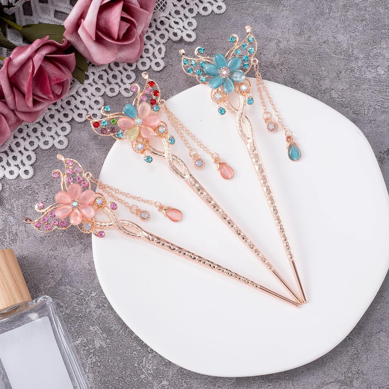 OIIKI Butterfly Flowers Hair Sticks Pins for Buns pink, blue, colorful 3pcs