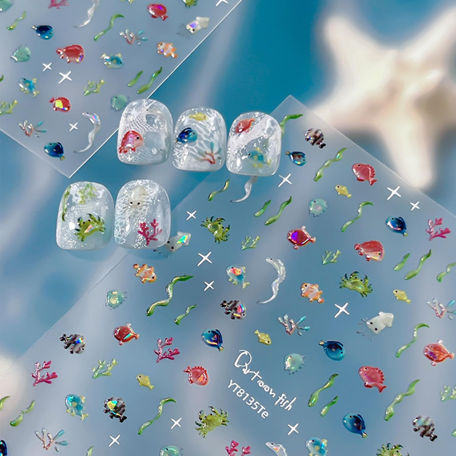 Aquarium Nail Stickers 1 PC 5D Ocean Fish Nail Decal Seaweed Coral Embossed Nail