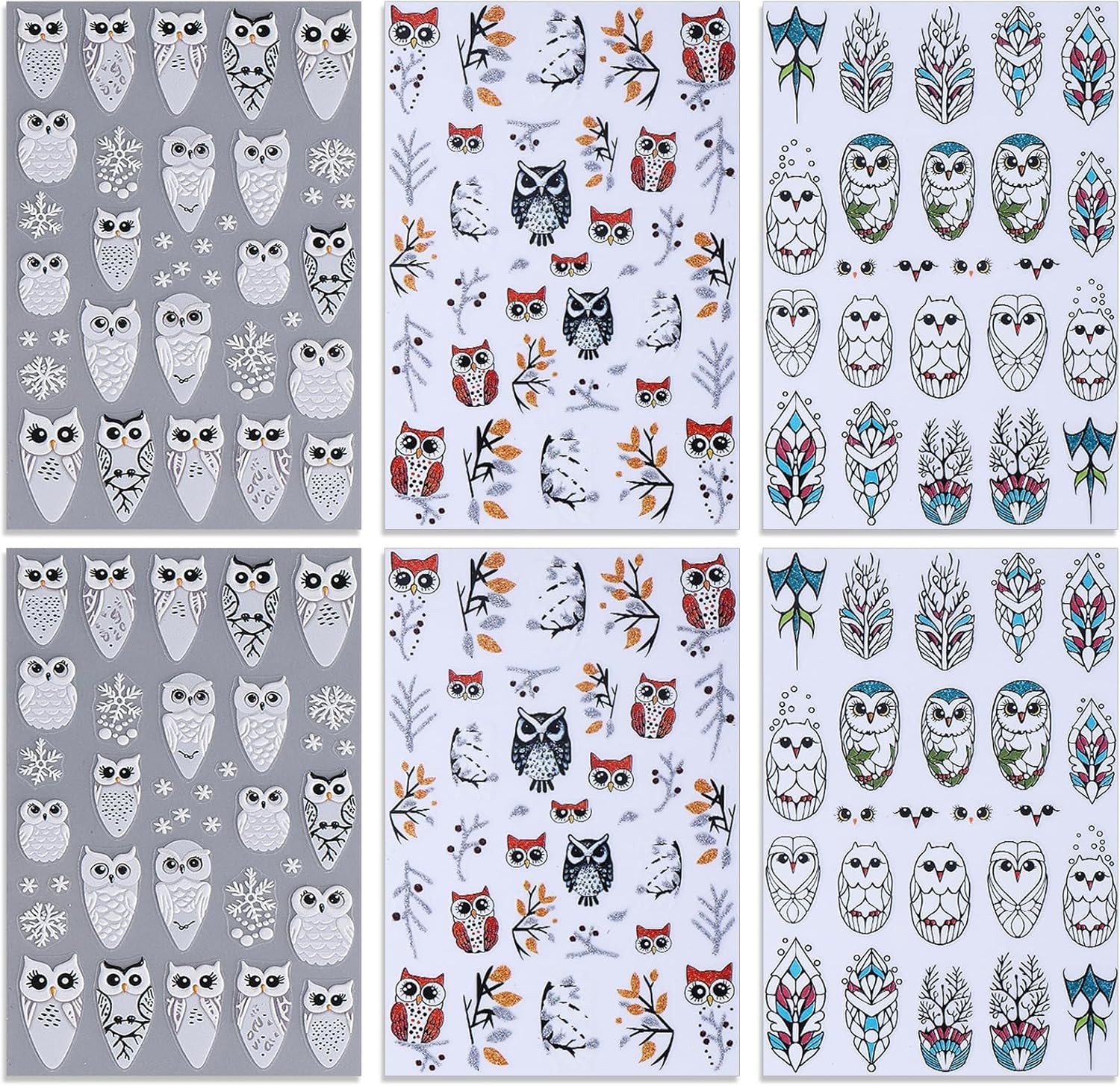 6 Sheets Christmas Nail Stickers, Winter Owl & Snowflake Self-Adhesive Mix