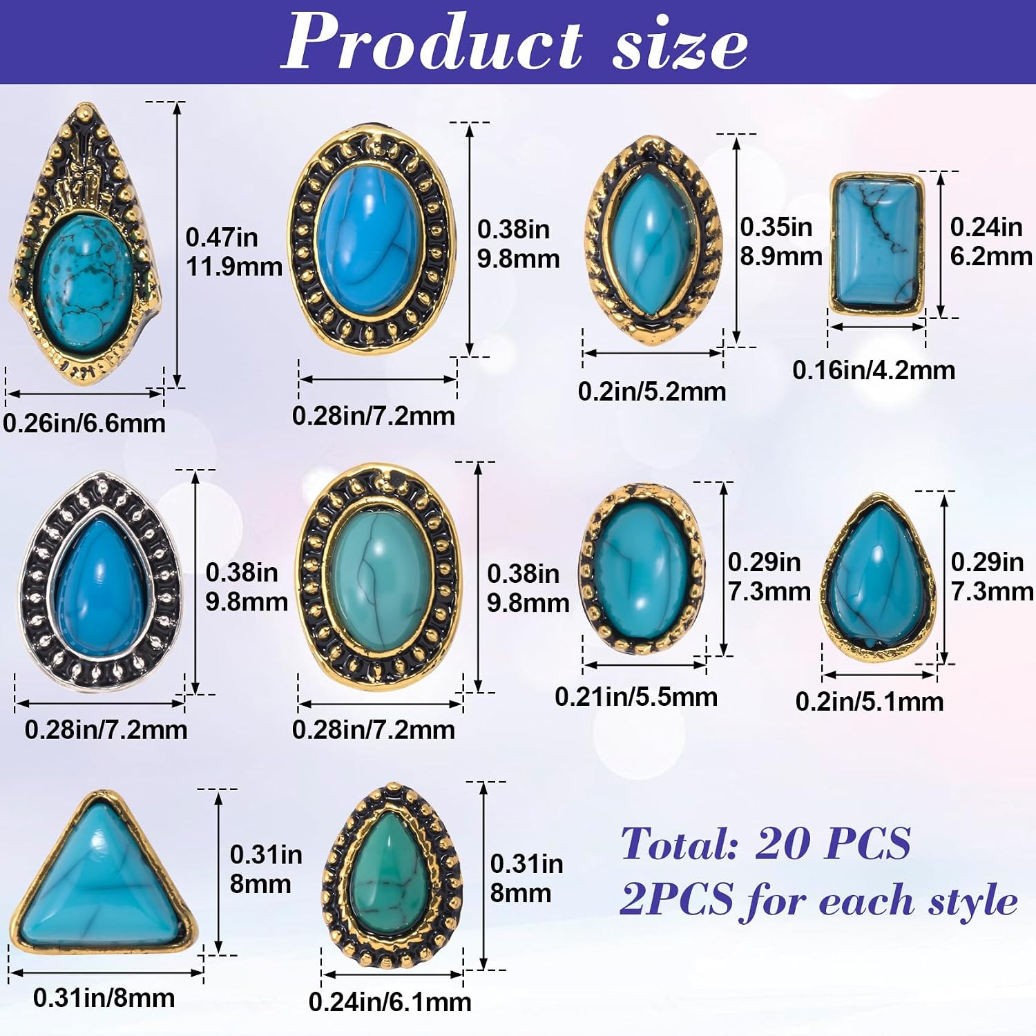 20Pcs Western Nail Charm, 10 Styles Turquoise Nail Art Rhinestones | 3D Vintage