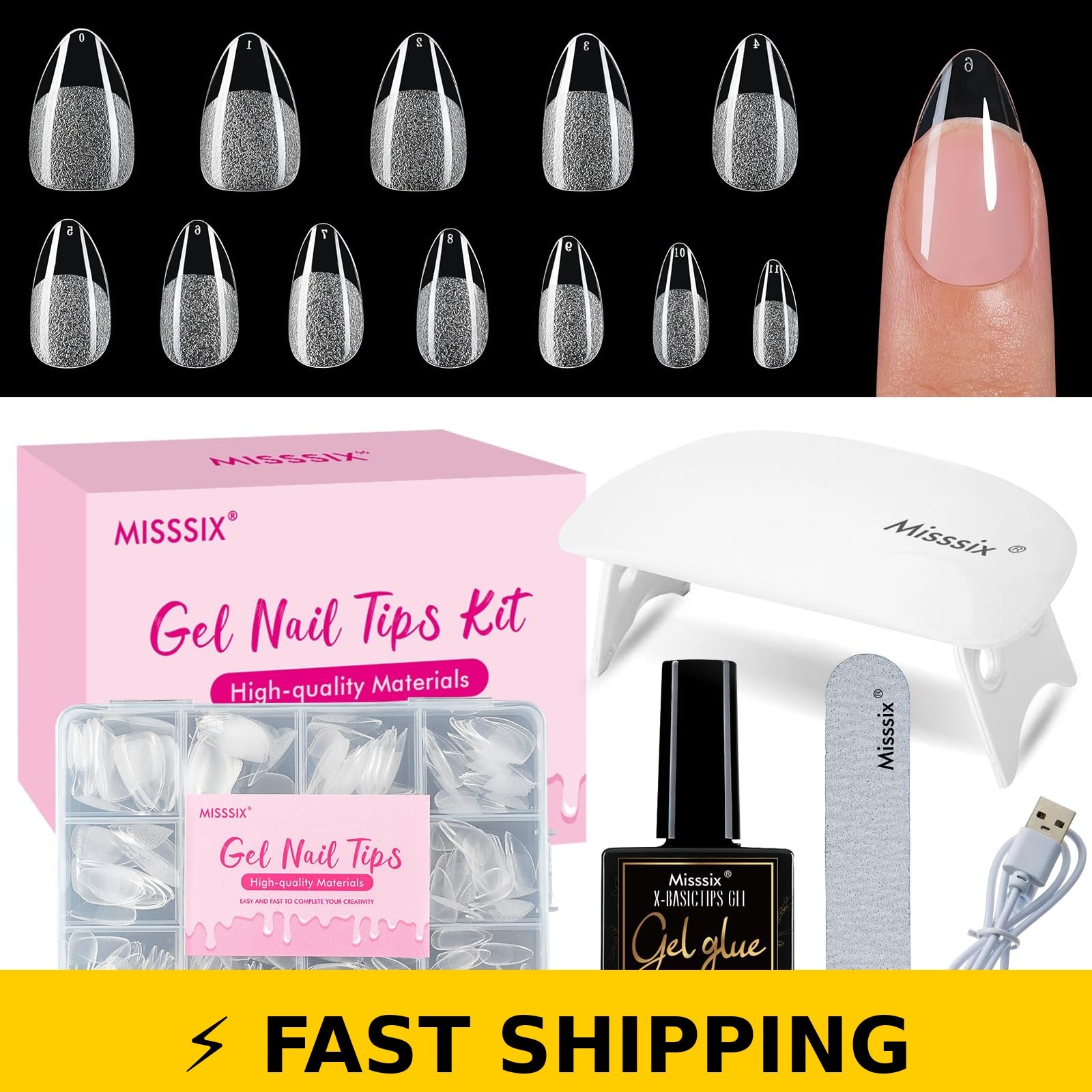 Misssix Short Almond Gel Nail Tips Kit – 216Pcs with UV Lamp