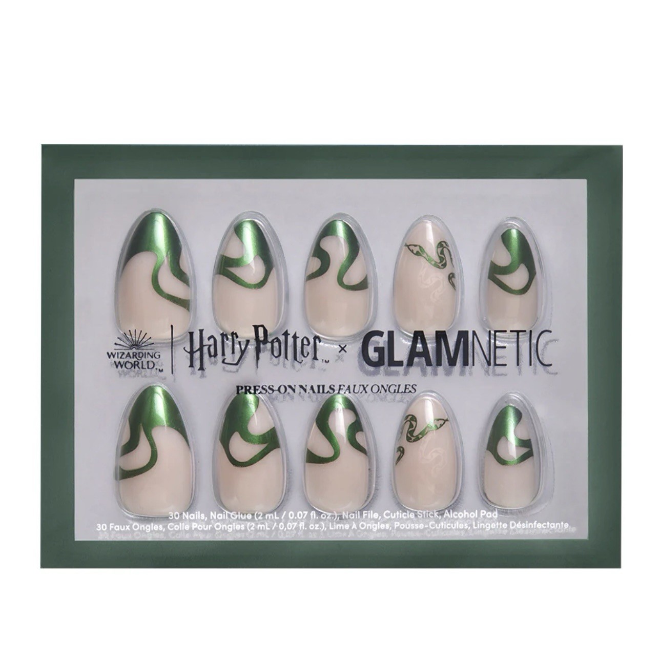 GLAMNETICS Press On Nails PARSELTONGUE Almond BRAND NEW Green HARRY POTTER Snake