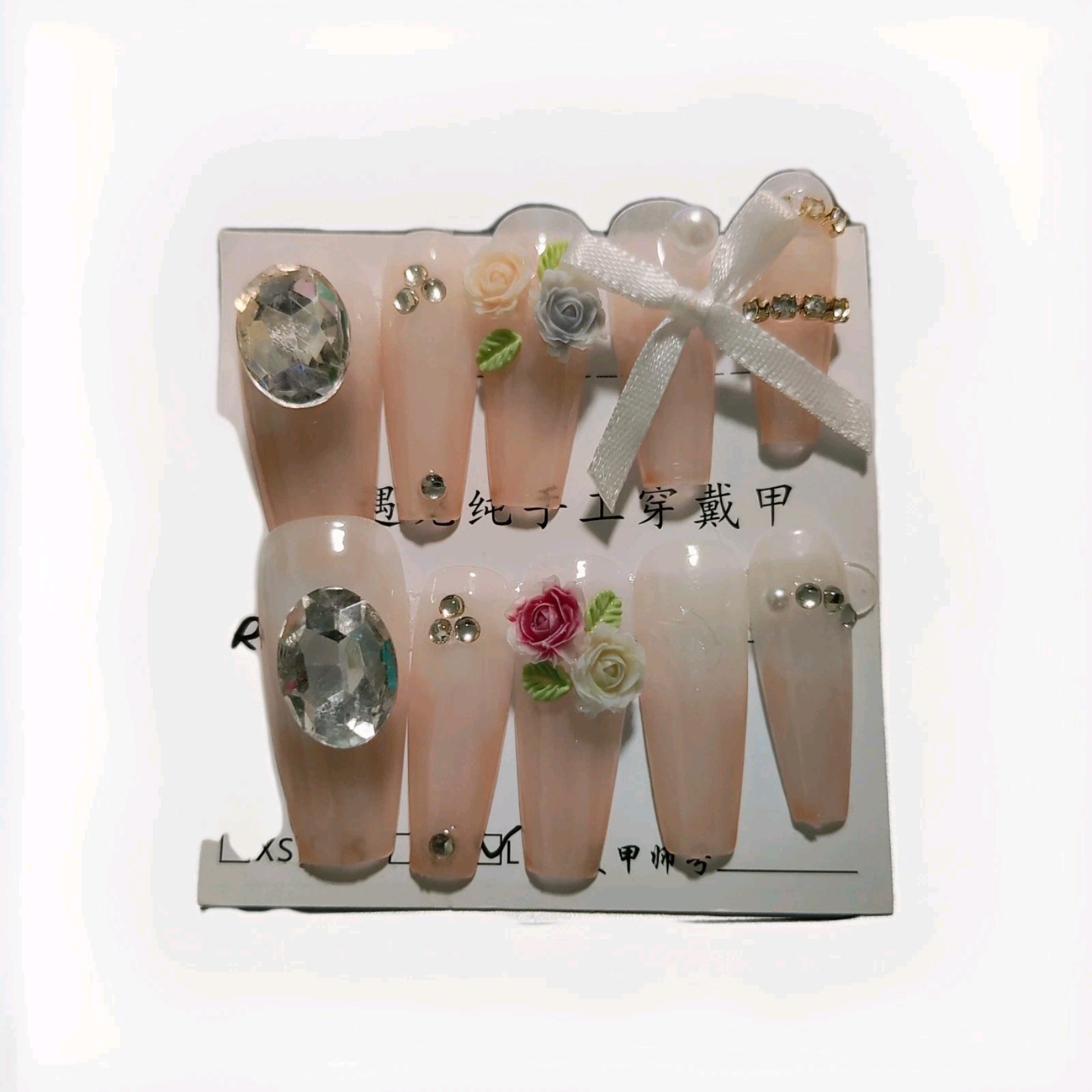 Nude Pink Blue 3D Flower Bow Rhinestone Long Coffin Press-On Nails Full Cover