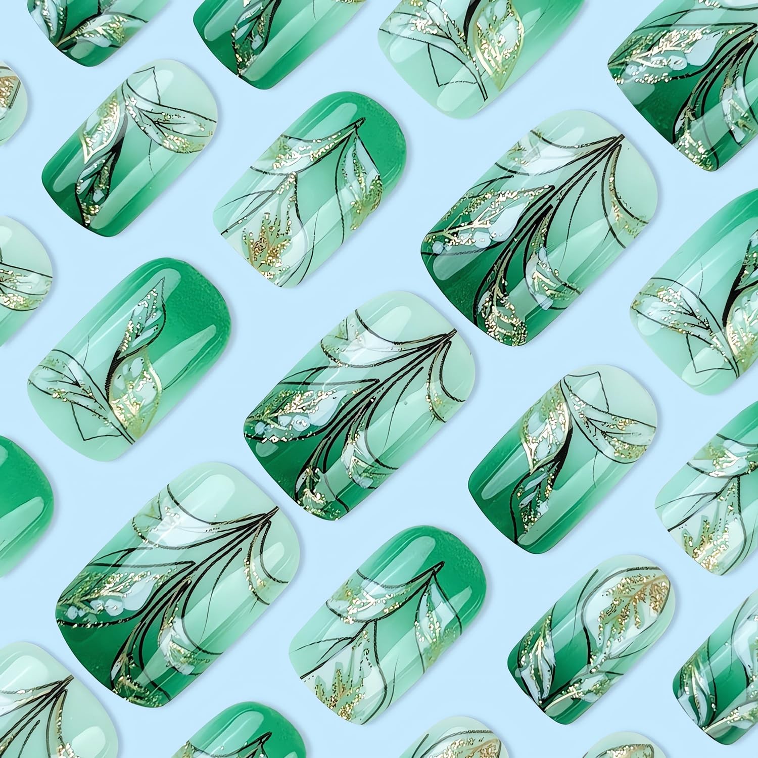 Green Flower Press on Nails Short Square Fake Nails Gradient Green Glue on Na…