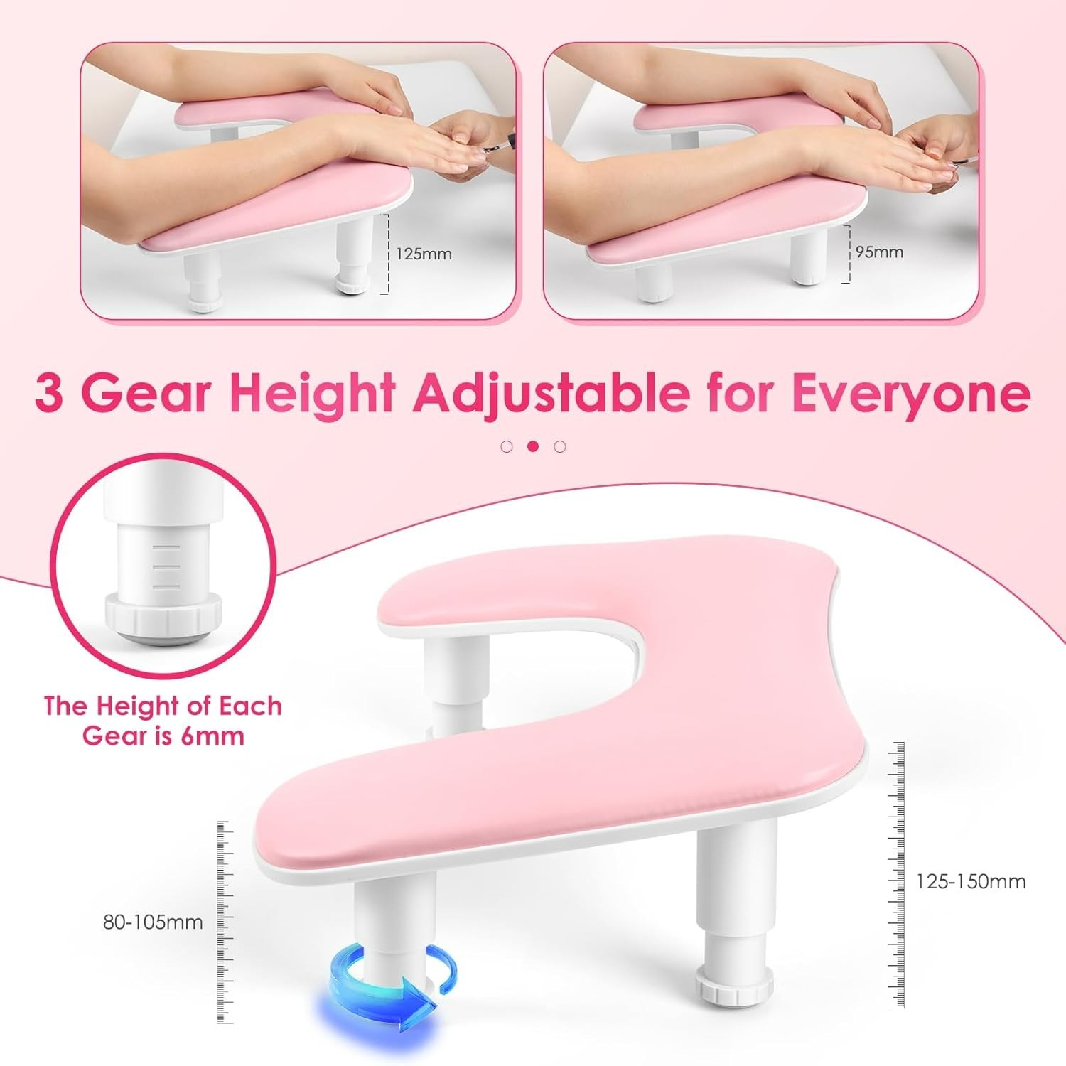 Manicure Arm Rest for Nails Tech: U-Shaped Adjustable Nail Armrest – Pink PU Lea