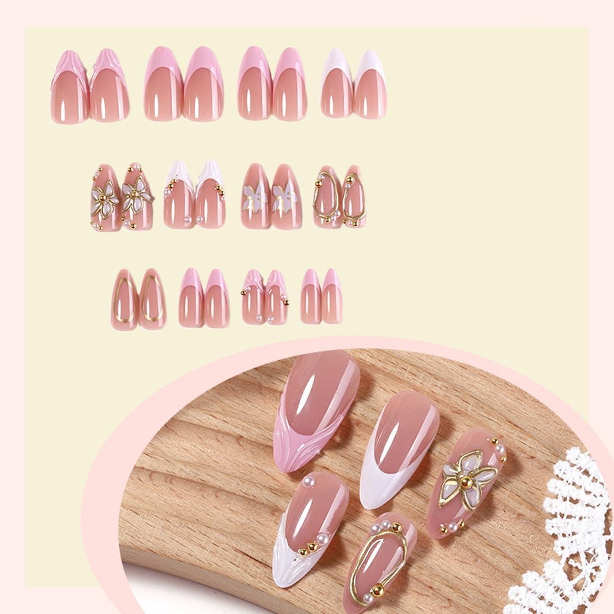 Full Coverage Almond Press on Nails – Glossy Floral Designs for Instant Glam