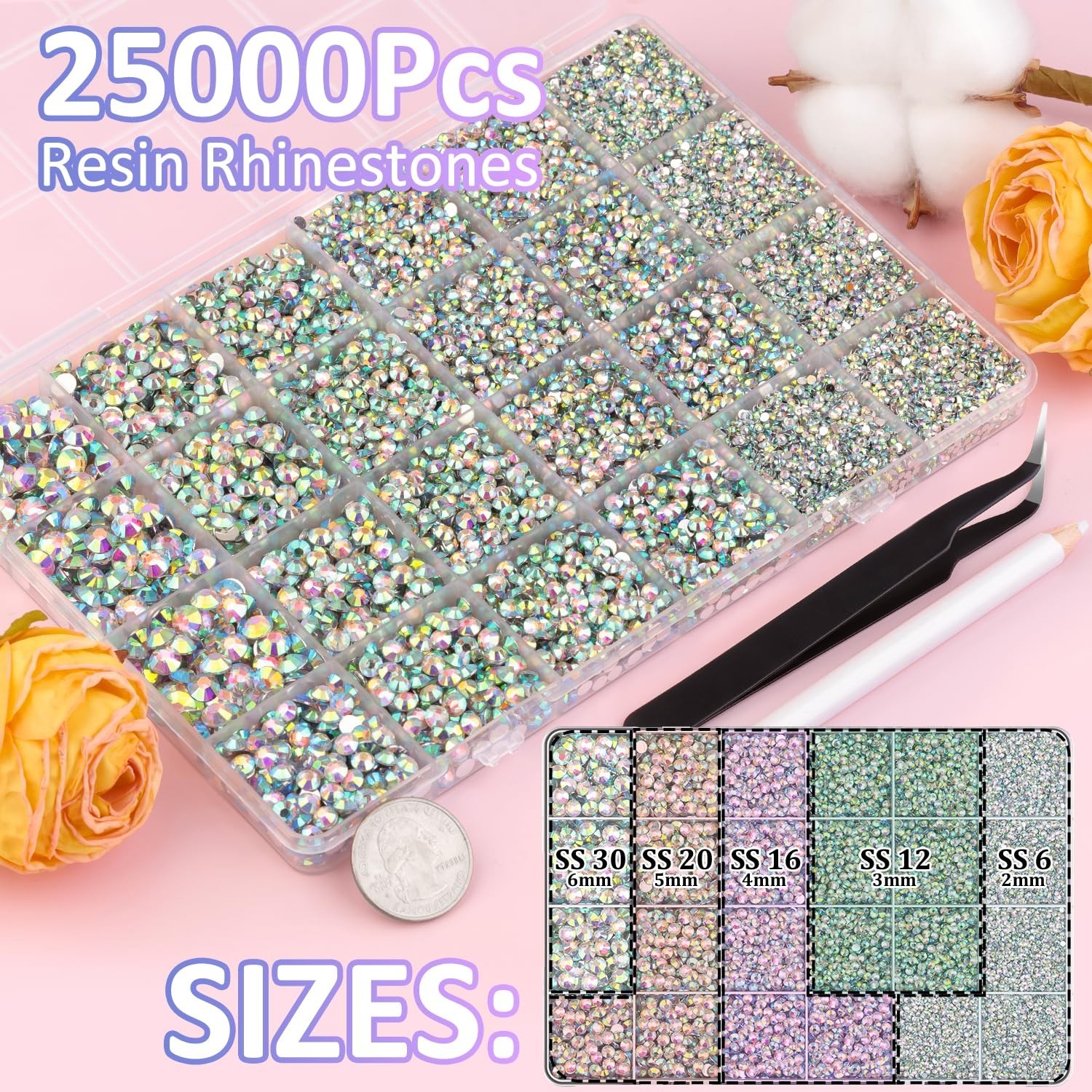 25000 Iridescent Resin Rhinestones Set with Tweezers & B7000 Glue Adornments