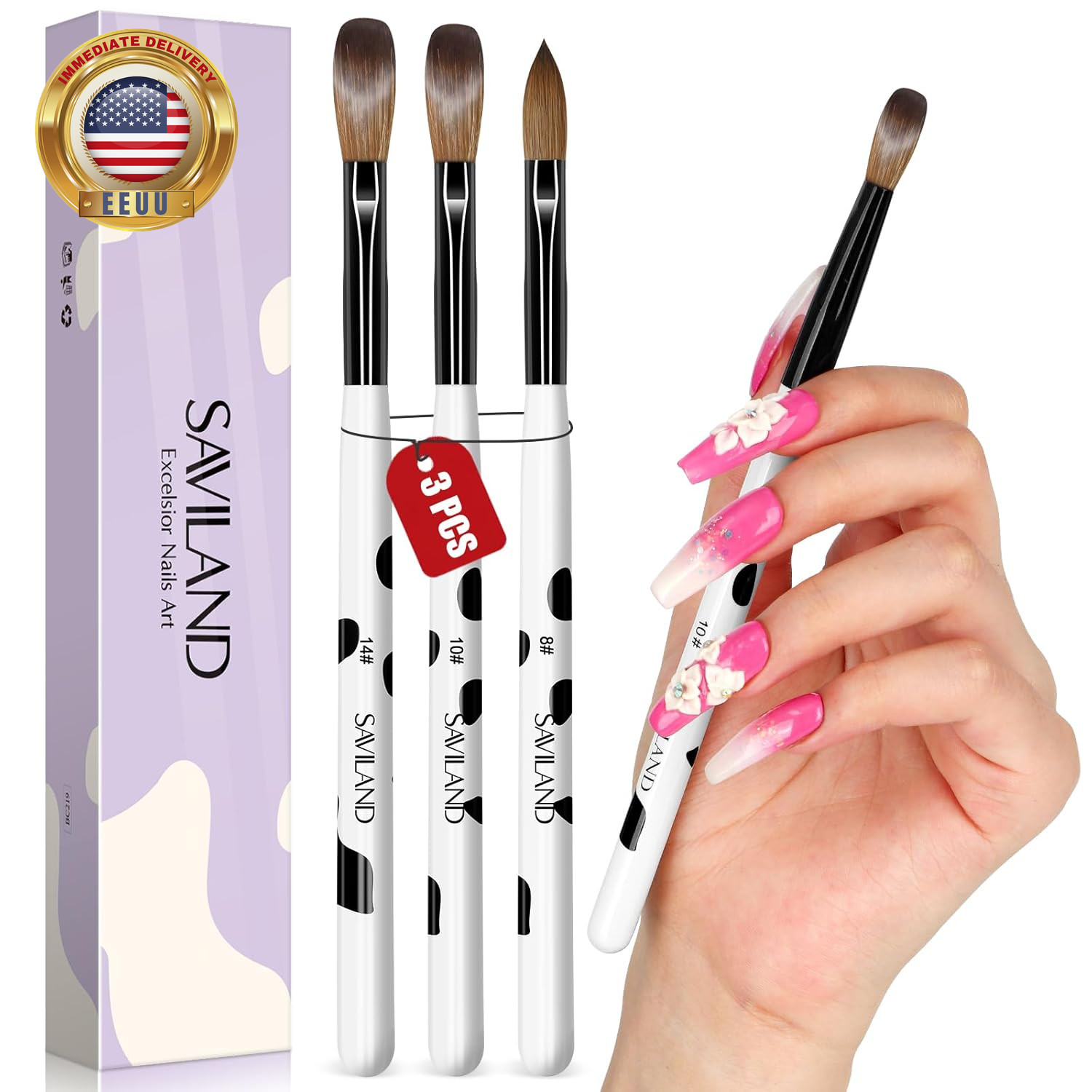 3Pcs Acrylic Nail Brush Set, Size 8/10/14 Kolinsky Acrylic Nail Brushes for Acry