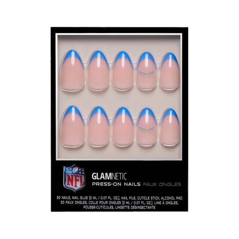 Los Angeles Chargers Press-On Nails: Almond Shape, Gloss Finish, 30 Pieces
