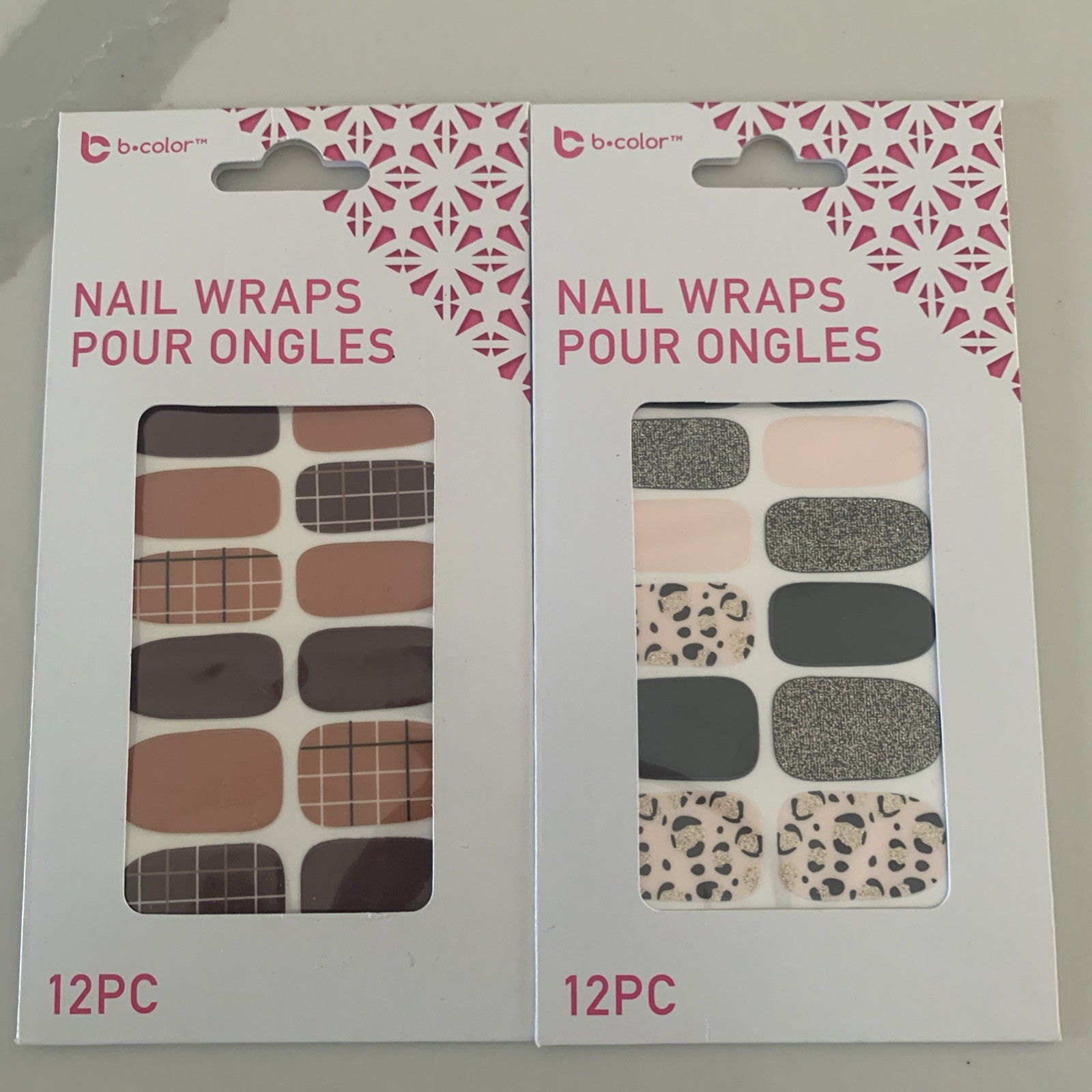 b.color Press-On Nails Pink Beige Multicolor Shiny Oval Pre-Designed Set 2 packs