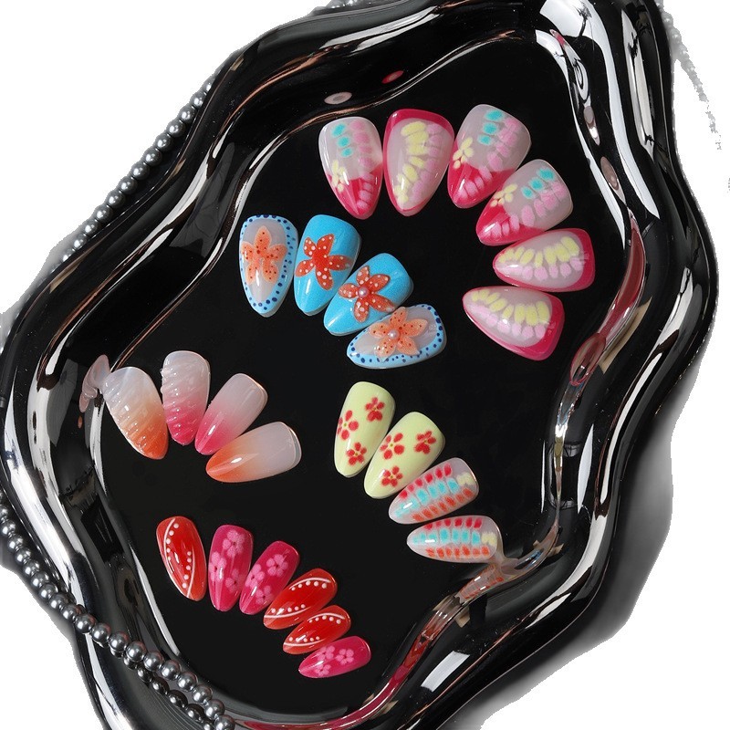 48 Pcs Fruit Floral Oval Press on Nails, Lovely Casual Summer Daily Fake Nails
