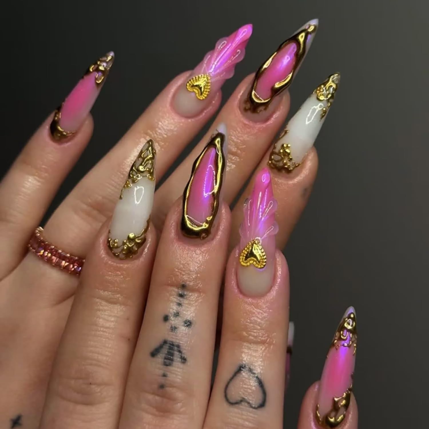 Press on Nails Almond Shaped Long Artificial Acrylic Gradient 3D Long, Multi