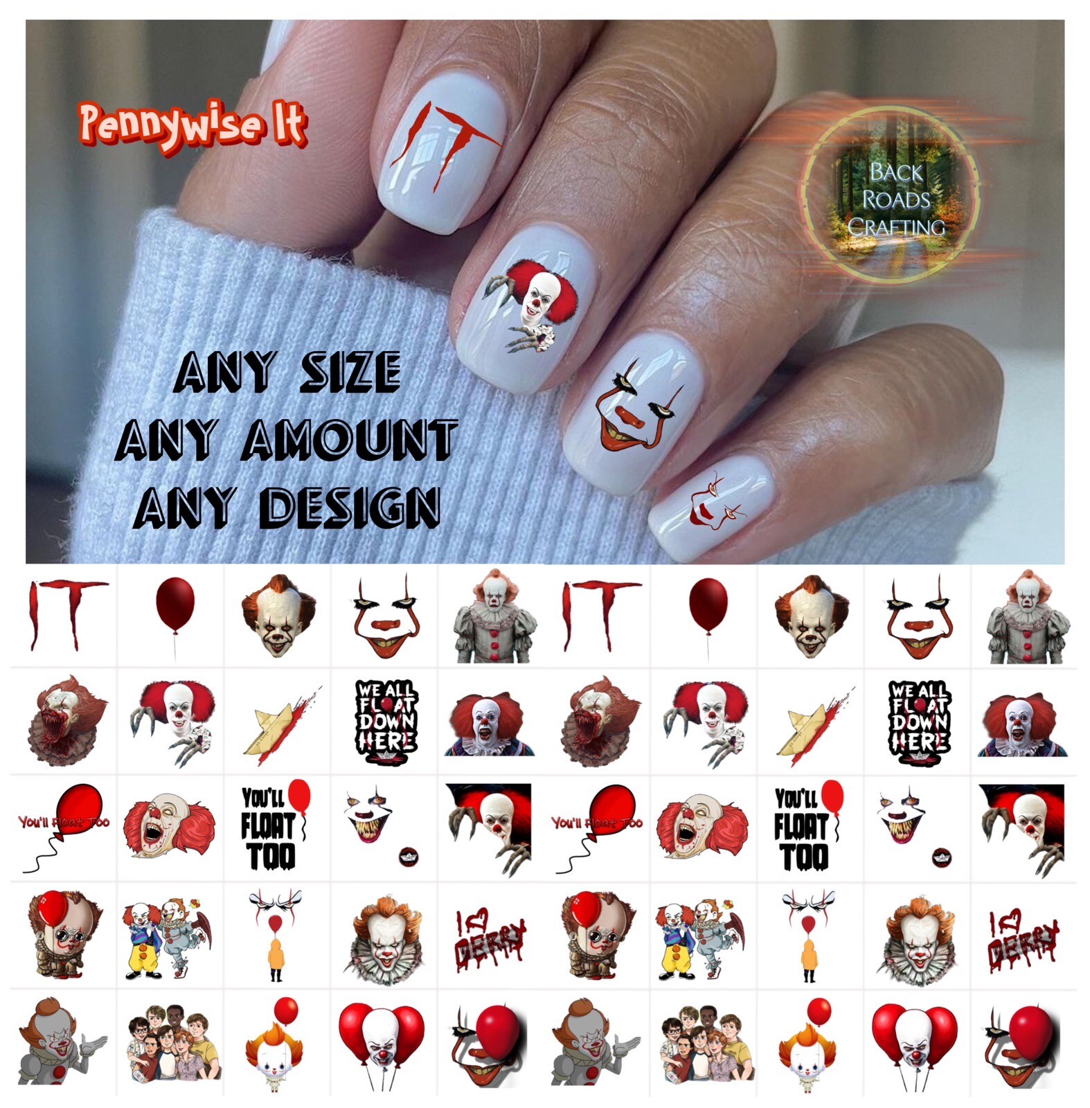 Pennywise IT Waterslide Nail Decals Set Of 50 Instructions Included