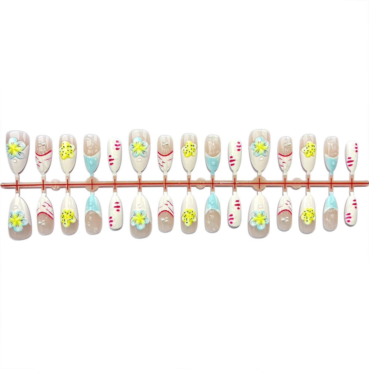 30Pcs Summer Press on Nails Medium Almond Cute Flower Fake Nails Pearl Rhineston