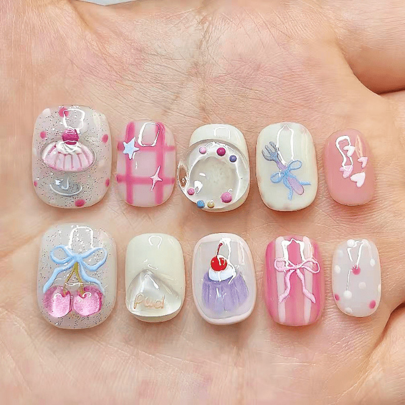 60 Pcs Cake Cherry Bow Short Square Press on Nails, Sweet Cute Daily Fake Nails