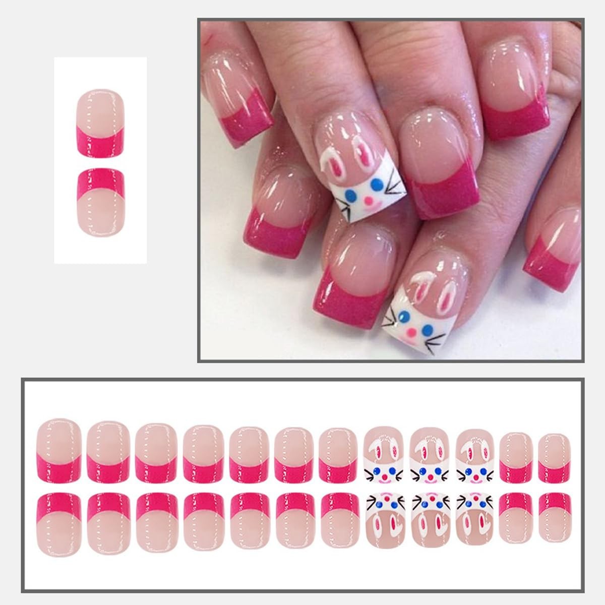 Easter French Tip Press on Nails Short Square Fake Nails Pink Acrylic Nail Ti…
