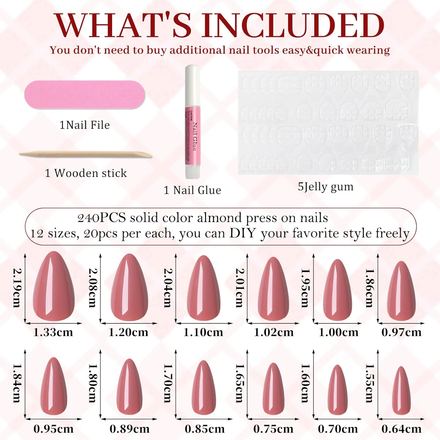240Pcs Dusty Rose Press on Nails Almond- Short Press on Nail Pink in 12 Sizes fo