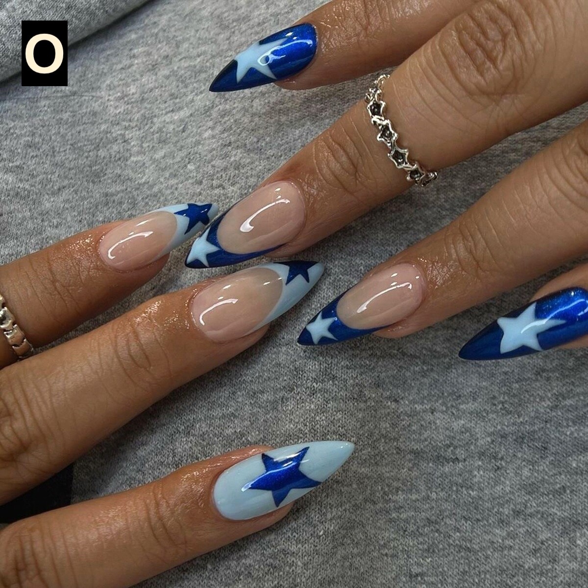12 Boxes Flower Star French Tip Long Almond Press On Nails (Wholesale)