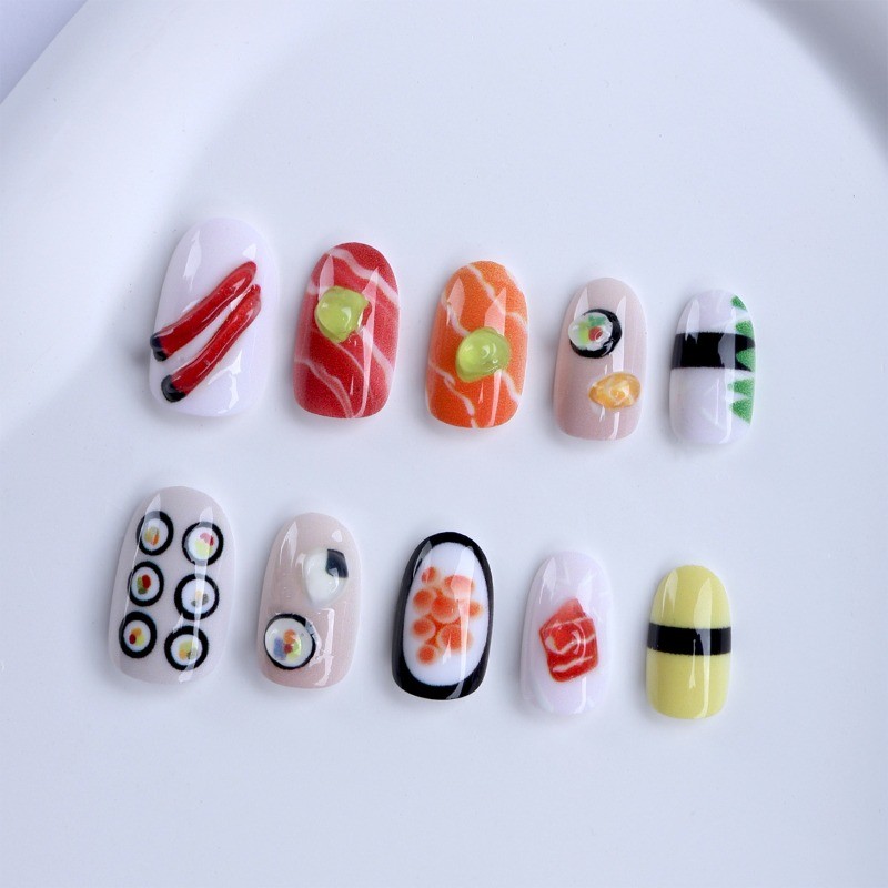48pcs-Cute Food Fake Nails with 3D and Hand-Painted Sushi Designs, Short Square