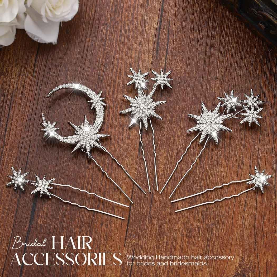 Unicra Star Moon Bride Wedding Hair Pins Crystal Bridal Pieces Silver