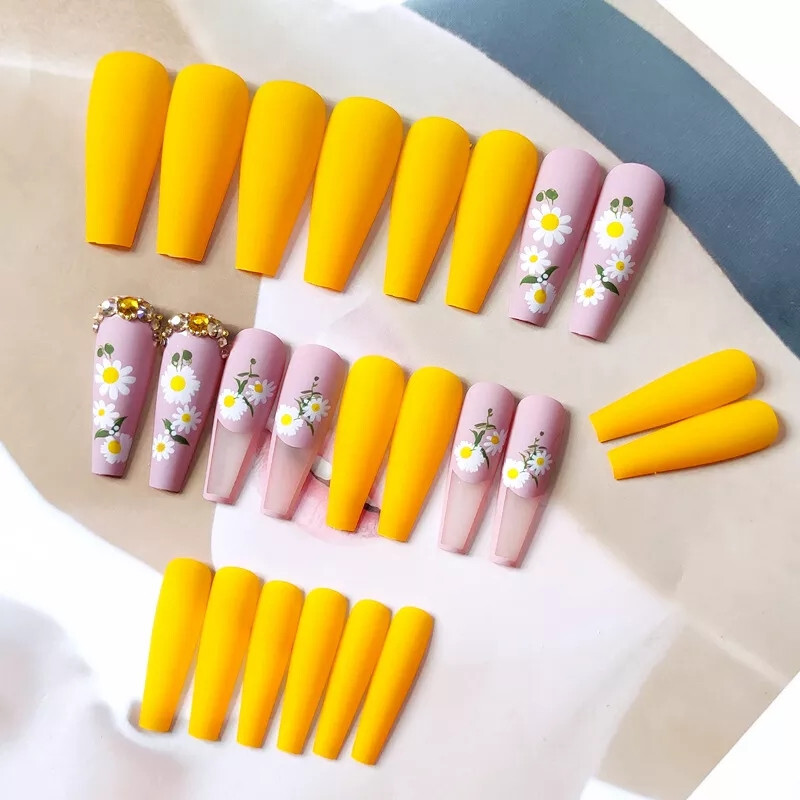24 Press on nails Kit w Glue Sunflower yellow extra long gems matte clear flower