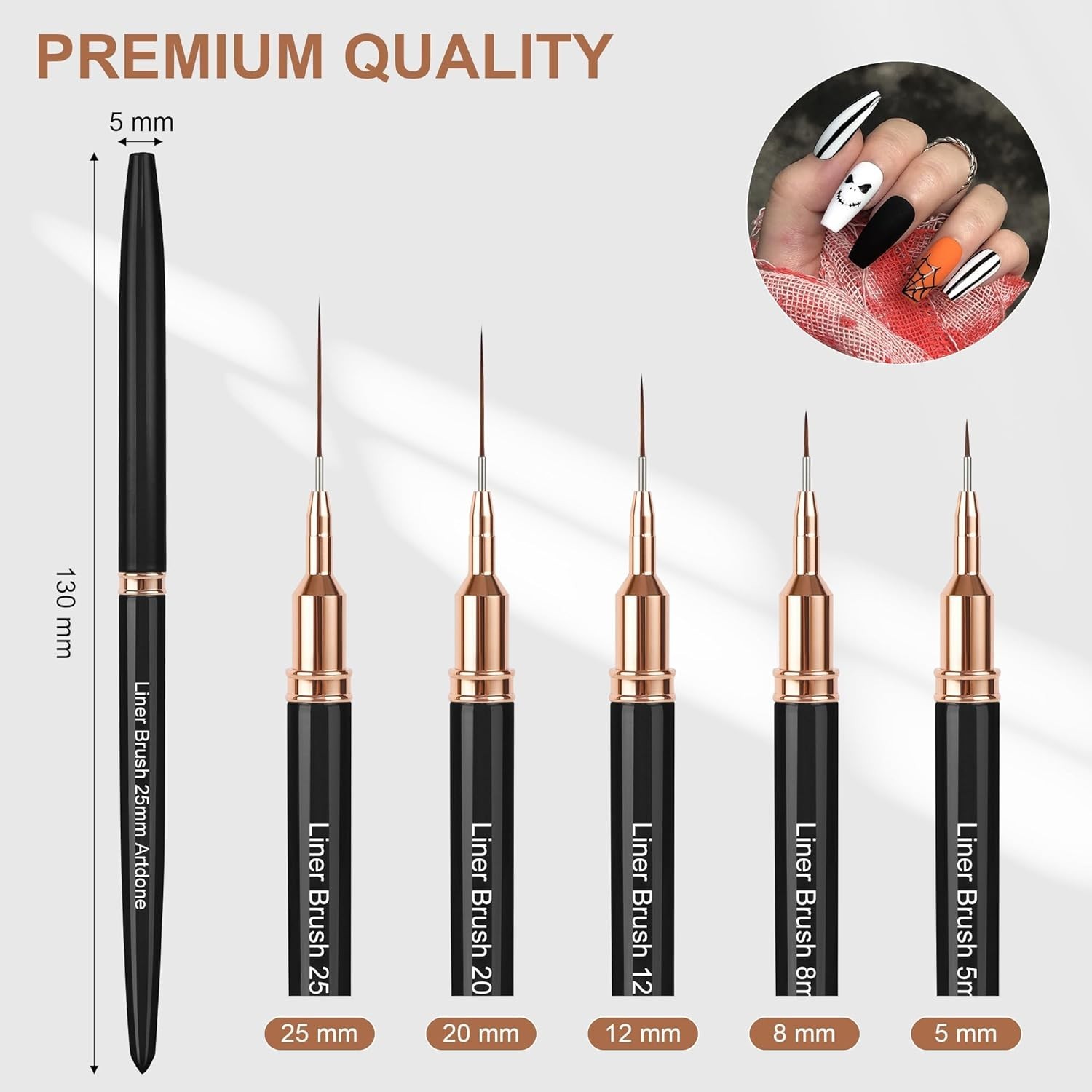 5PCS Black Metallic Nail Brushes for Fine Lines & Intricate Nail Art Design