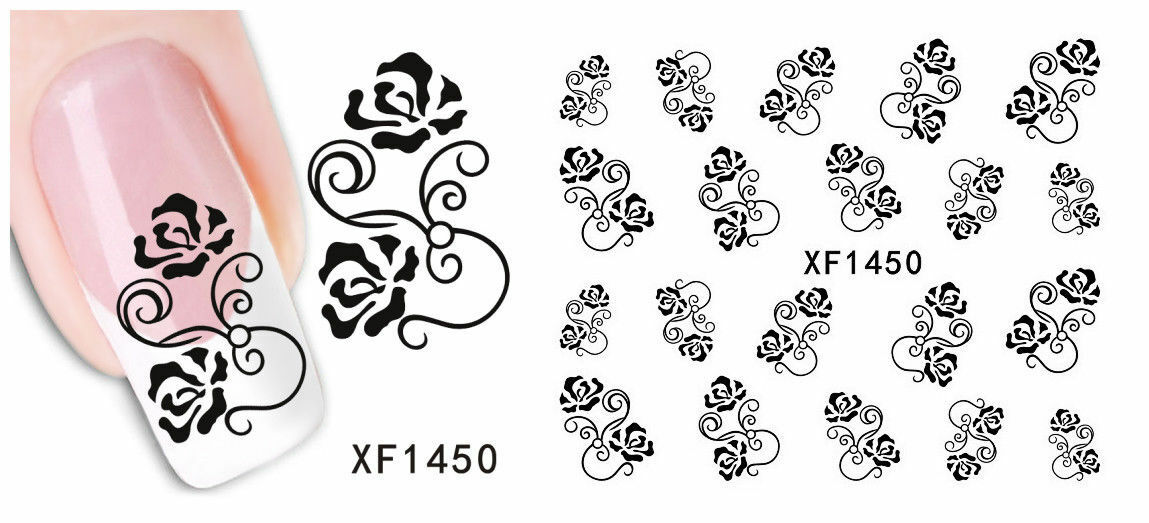 Nail Art Water Transfer Sticker Decal Stickers Pretty Flowers White Black XF1450