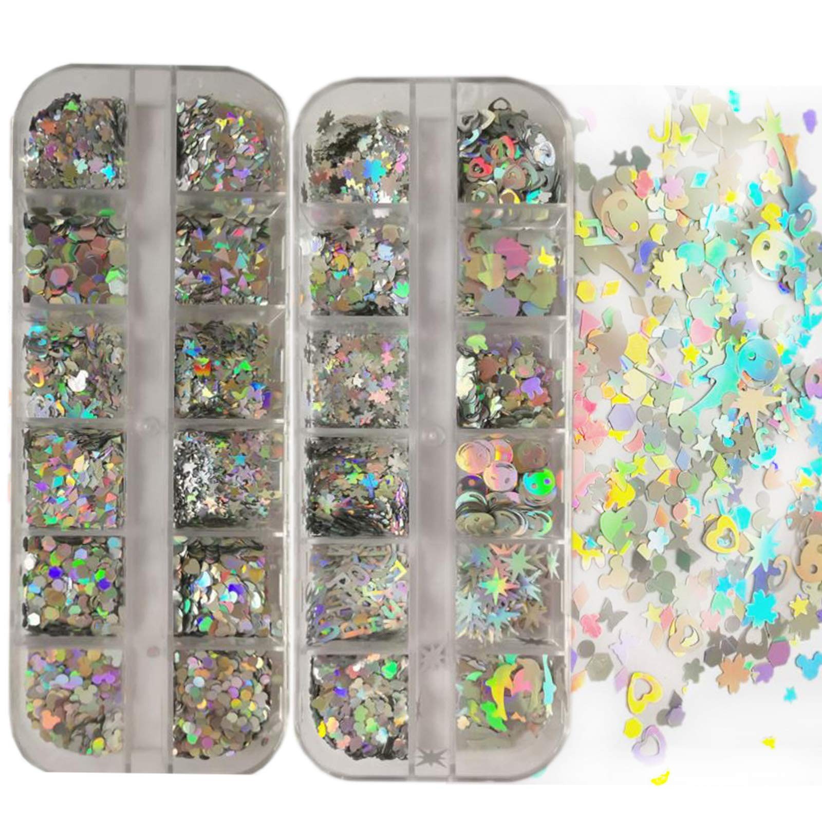 2 Boxes Holographic Silver Nail Glitters Sequins Butterfly Hearts Star Shape …