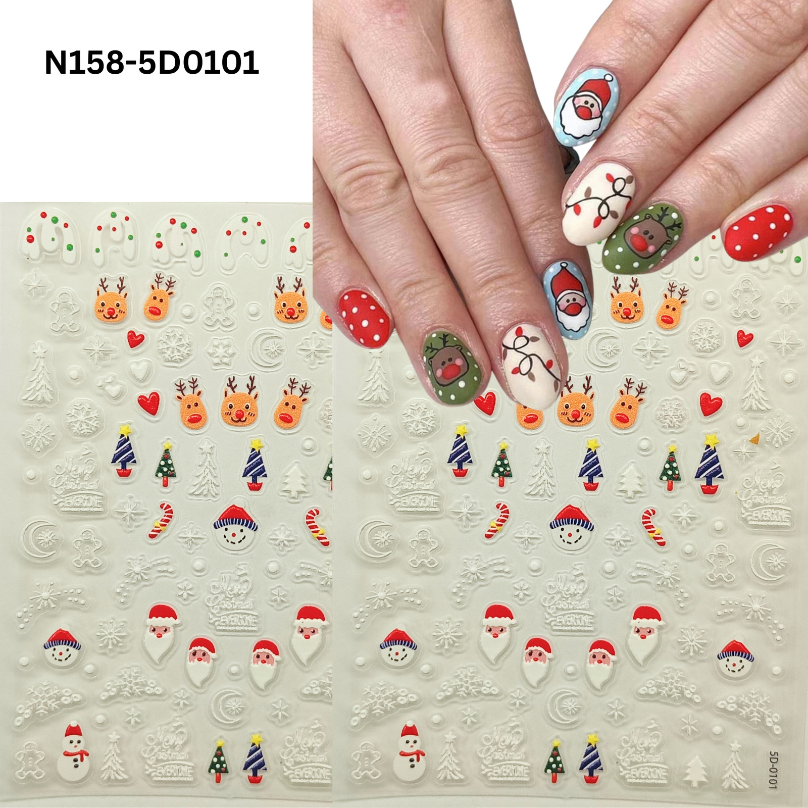 Cute 5D Christmas Nail Sticker Set – Snowman, Tree & Gift Designs