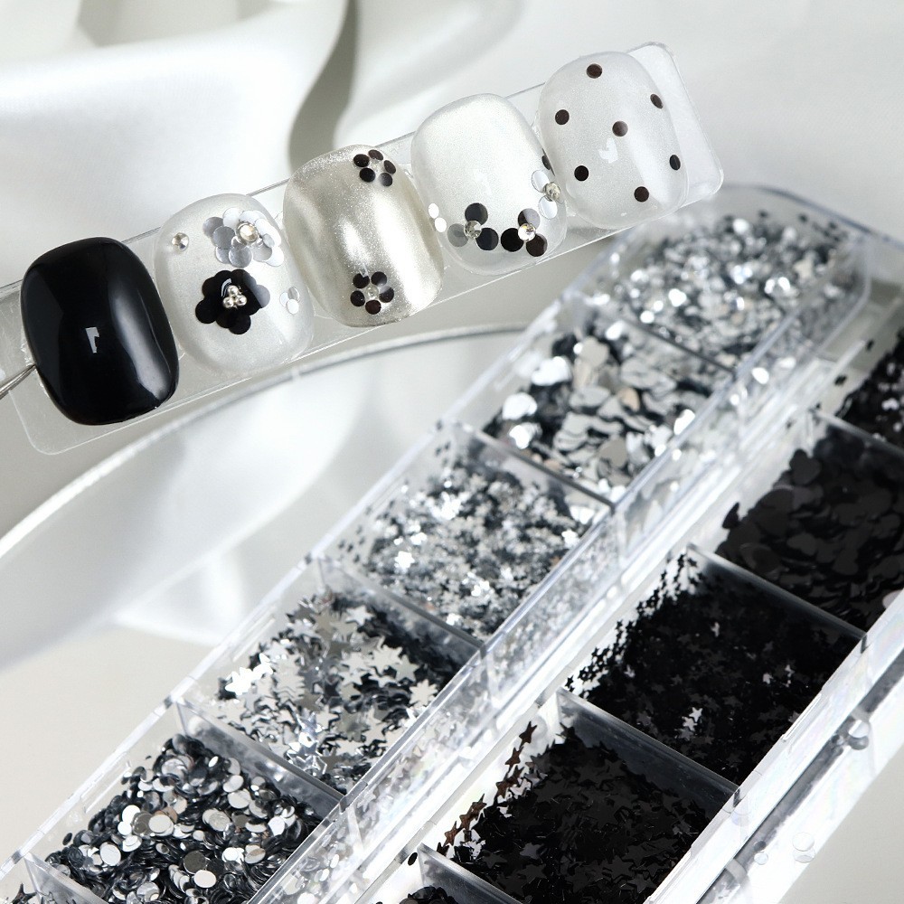 Mixed Size 1/2/3MM Silver Black Nail Glitter Sequins Heart Star Flakes for Nails