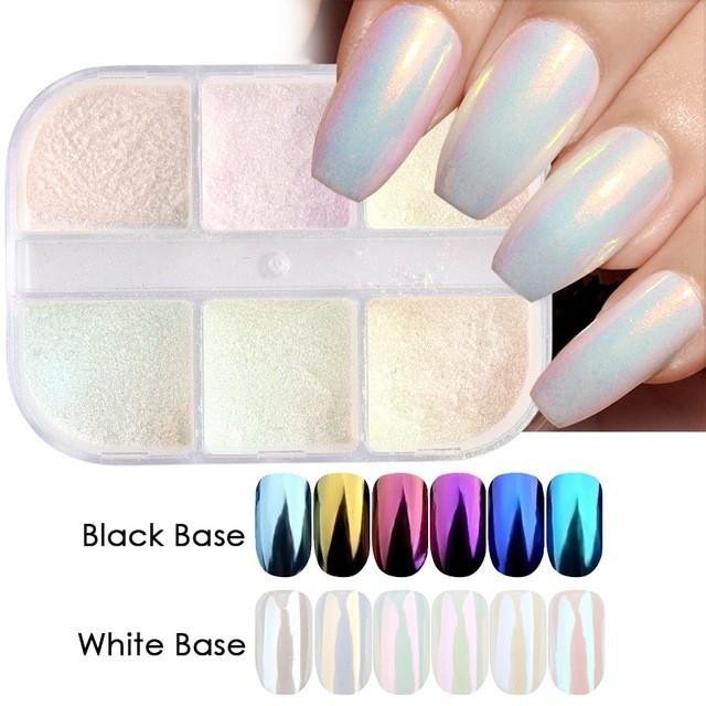 6 Grid Nail Glitter Sequins Set with Aurora Powder & Iridescent Opal for Nails
