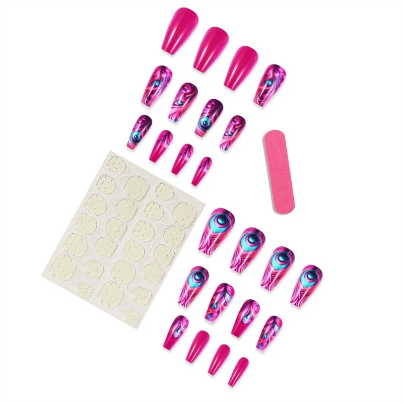 24 Pcs Square False Hot Pink Feathered Design Glossy Finish Press On