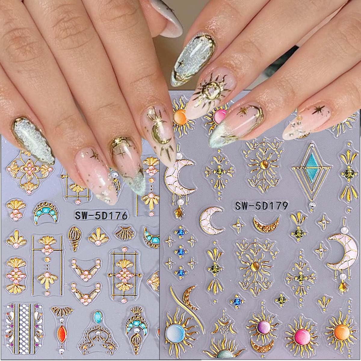 2 Sheets Embossed Sun Star Nail Stickers Bohemian Style Gold Nail Decals Sun …