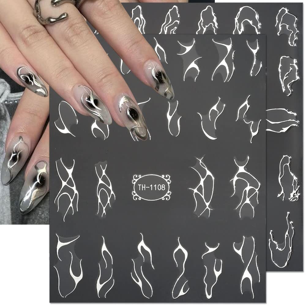 Metallic Silver Lines Nail Stickers – 6 Sheets, 3D Wave Lines, Irregular Fren…