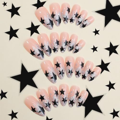 24Pcs Medium Almond Press on Nails with Black Five-pointed Star Design, Glossy
