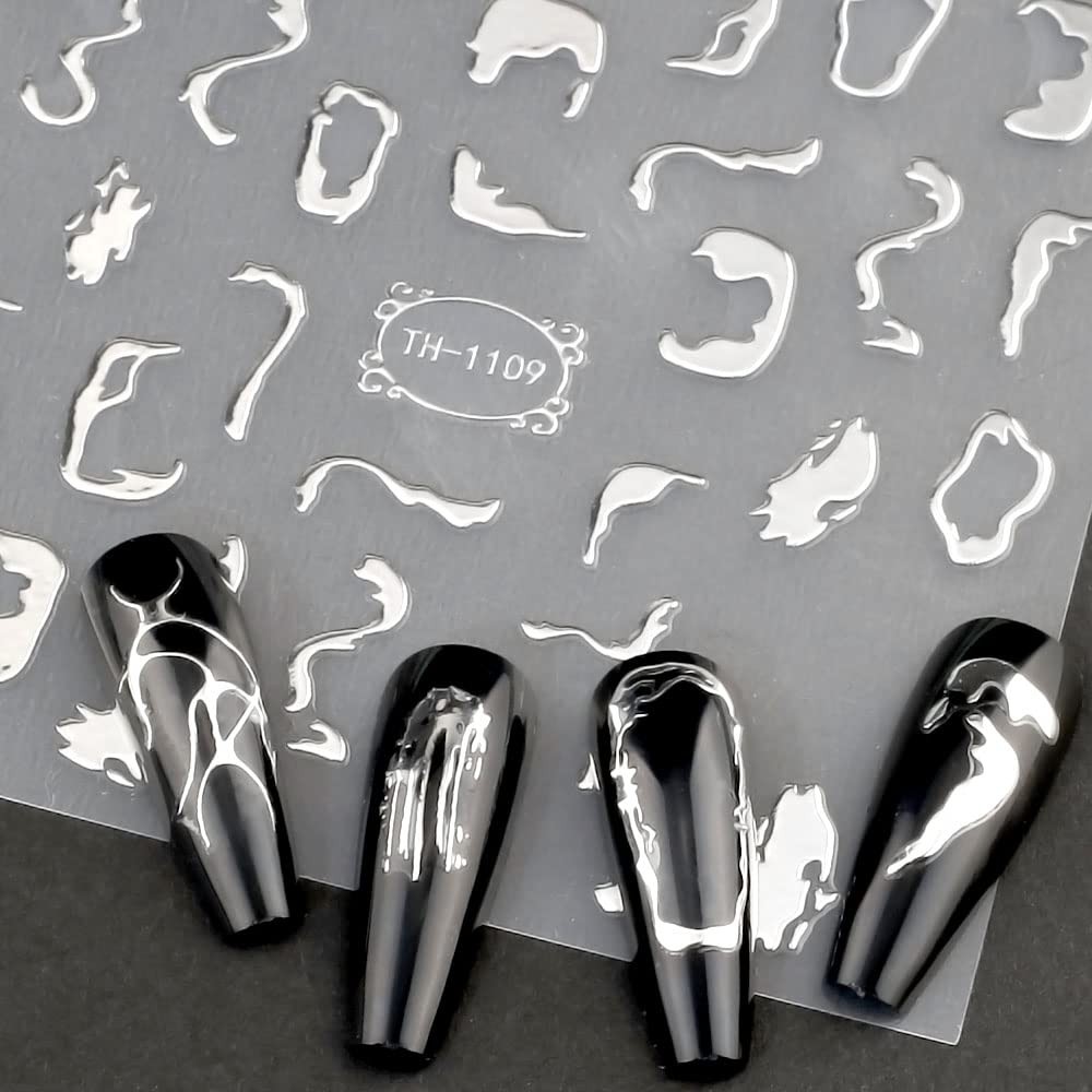 Metallic Silver Lines Nail Stickers – 6 Sheets, 3D Wave Lines, Irregular Fren…