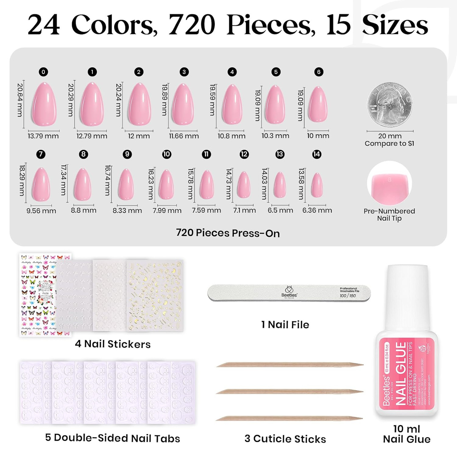 Press On Nails Kit 720Pcs Short Almond Fake Nails 24 Colors Glossy Matte Glitter