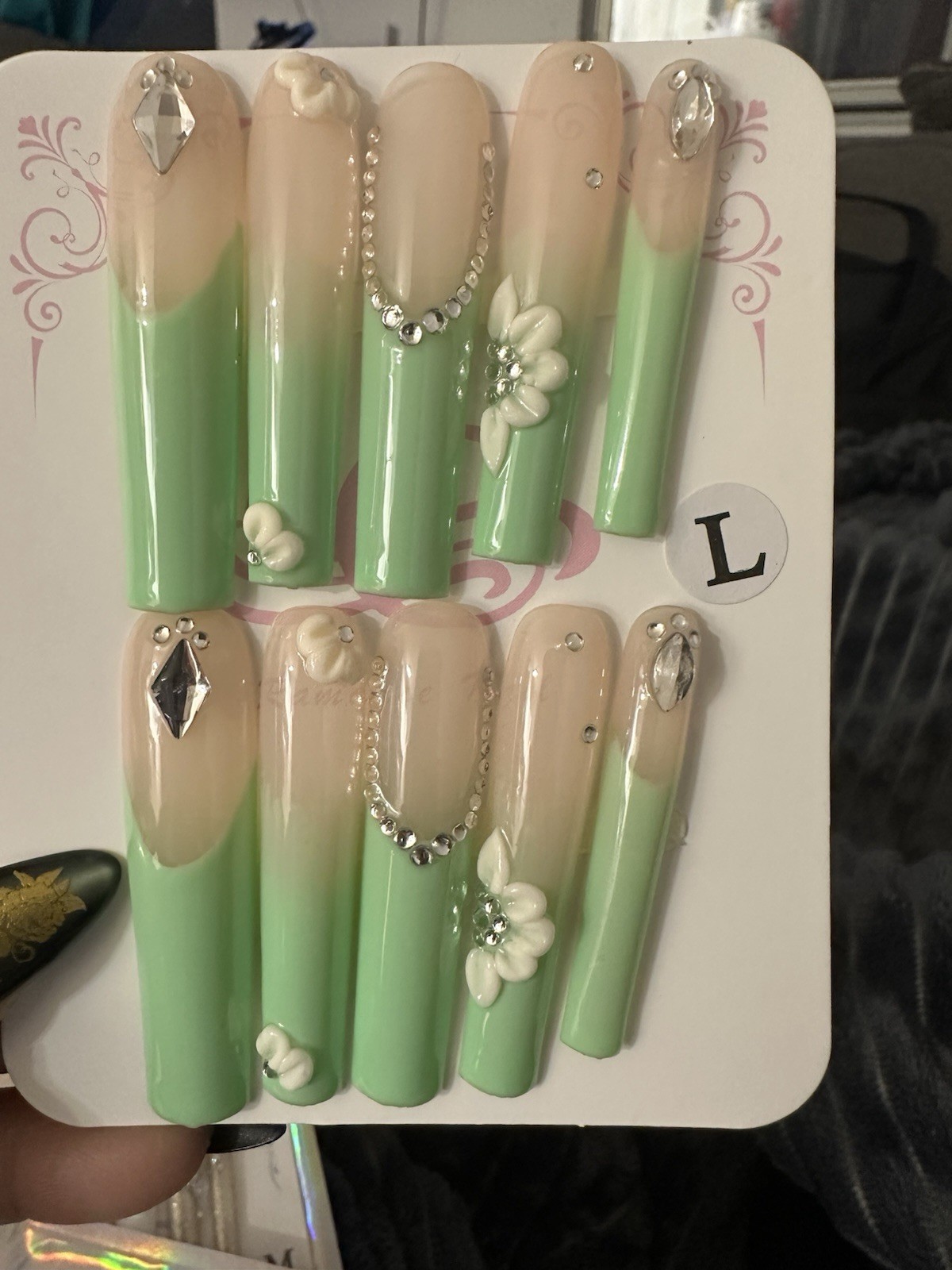 Press-On Nails Long Square Green Nude White 3D Flower Shiny French Acrylic